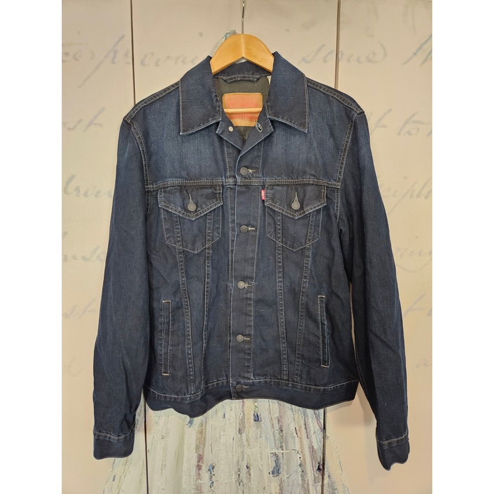 Levis Mens Trucker Jacket Dark‎ Indigo Denim Button Up Coat L 70589-0040